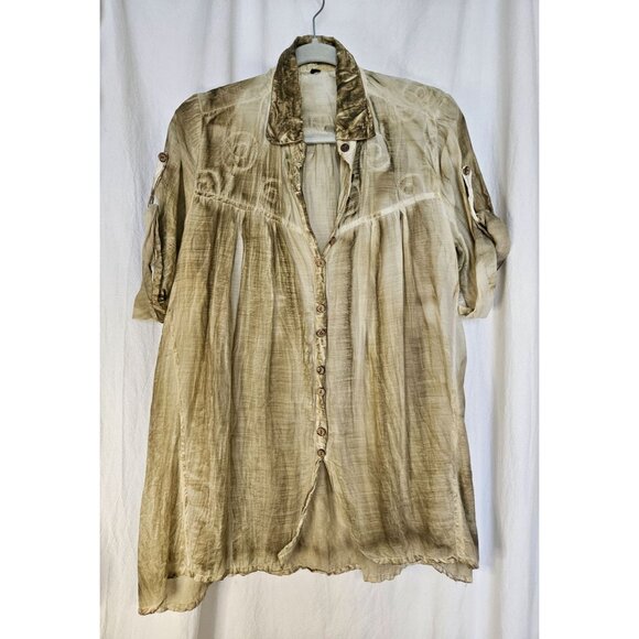 TIe Dye Distressed Embroidered Lagenlook Artsy Cotton Button Up Blouse Womens L - Picture 1 of 7